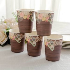 24-Pack Paper Cups 9oz Brown Wood Print with Floral Lace Rim - Rustic Disposable Party Cups for Farmhouse Events & Country Gatherings - Pack of 24