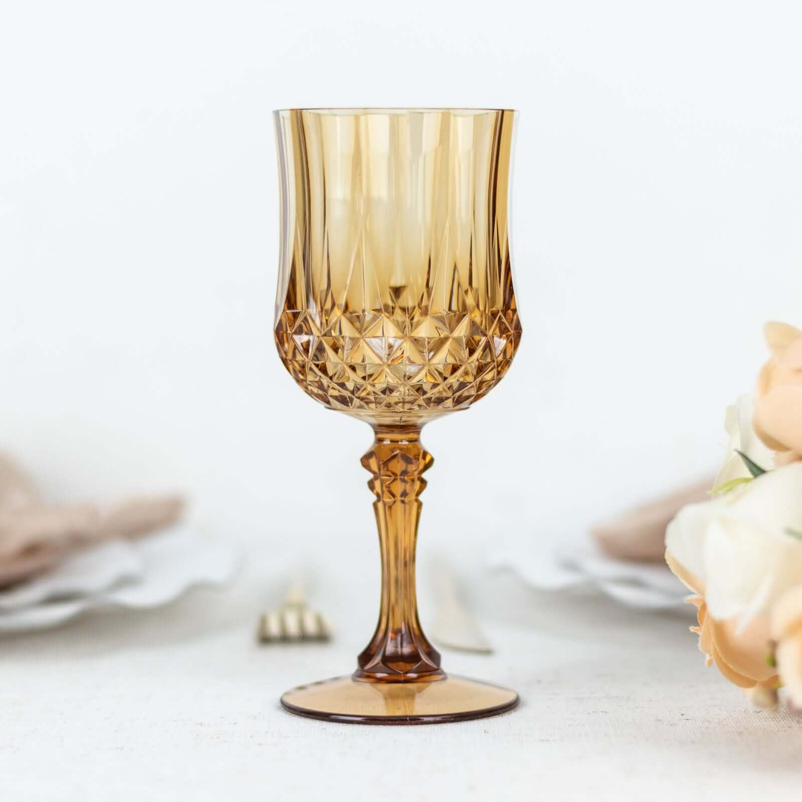 6-Pack Transparent Plastic Crystal Cut Wine Glasses 8oz, Amber Gold - Shatterproof Cocktail Goblets - Pack of 6 Goblets